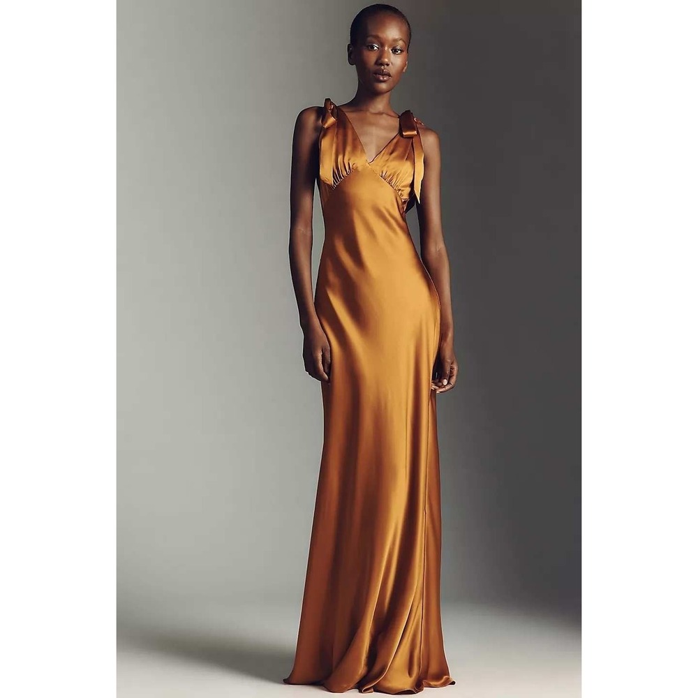Reformation Pernille Tie-Strap Silk Maxi Dress Bronze Gold V-Neck Gown Large NEW